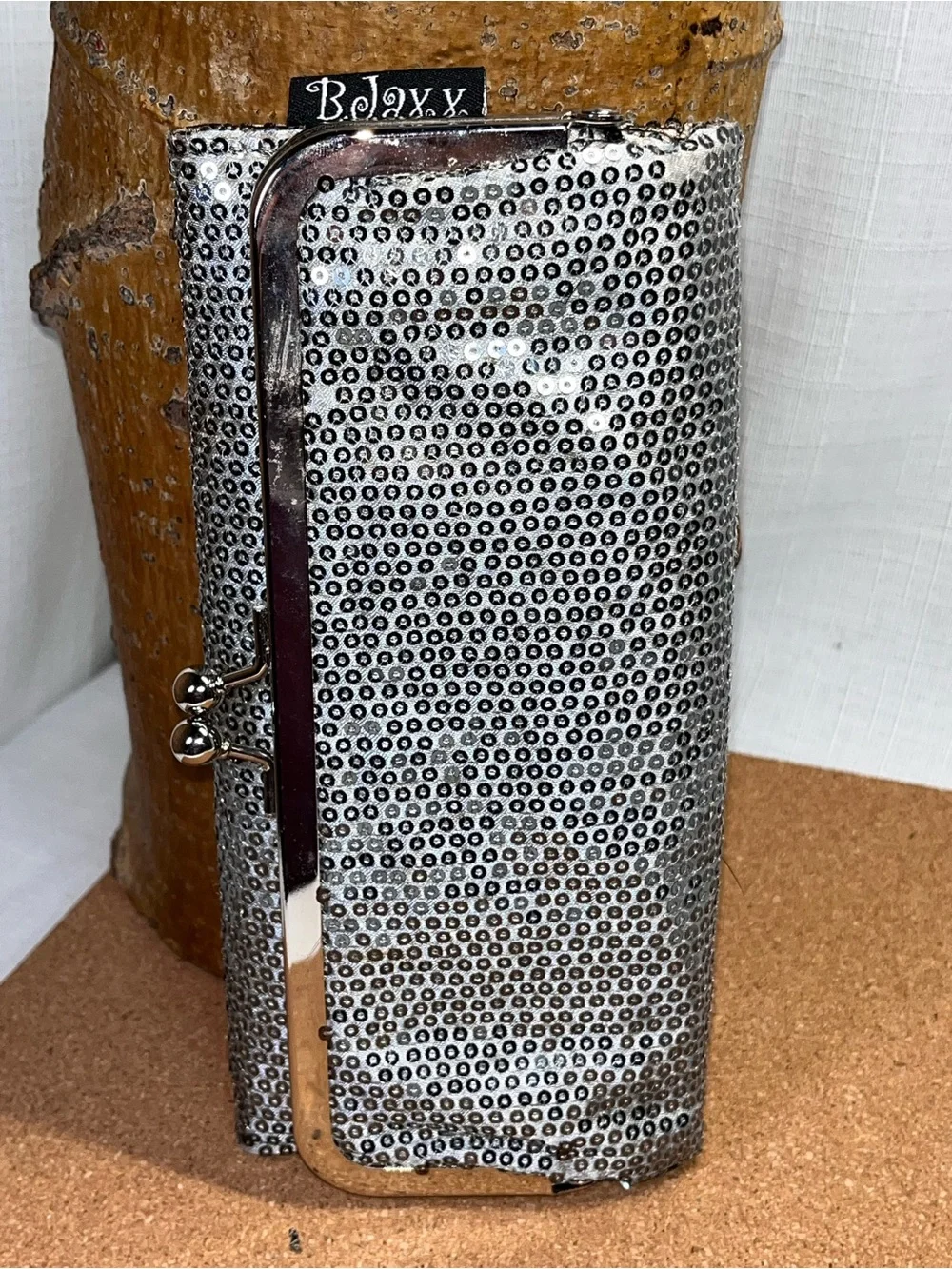 Metallic Silver Sequin Clutch Wallet Kiss Lock Frame Checkbook Organizer Evening